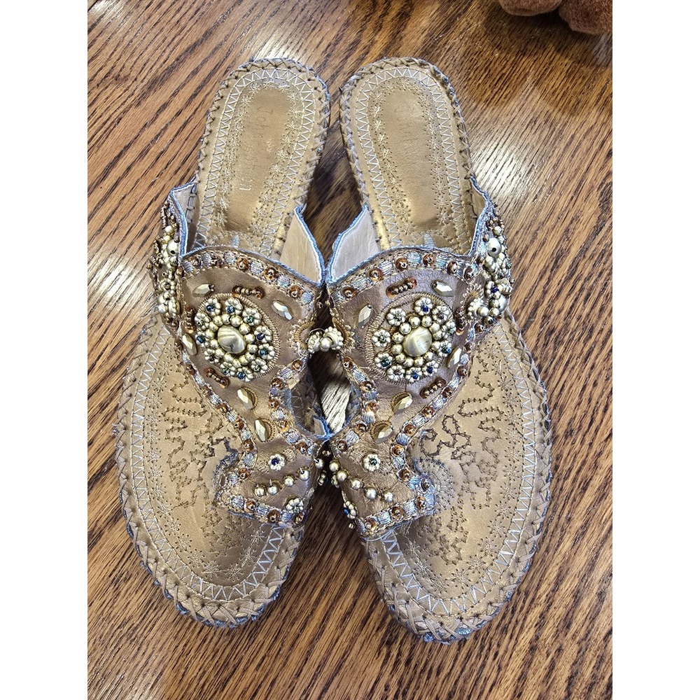 John Fashion Beaded Embellished Silver Slide Sandals Sz 8 Festival Gypsy Goblin